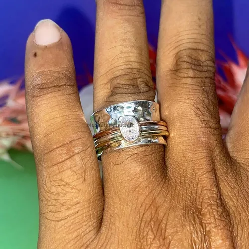 Miniatura 8 de Anillo giratorio hecho a mano de plata de ley 925 / anillo giratorio martillado / anillo giratorio de 3 tonos/anillo de banda bohemio/anillo