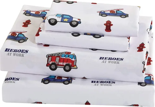 Miniatura 3 de Juego de edredón para niños, héroes, bomberos, camiones de bomberos, policía, coche, ambulancia, paramédico, azul marino, rojo, blanco, azul claro