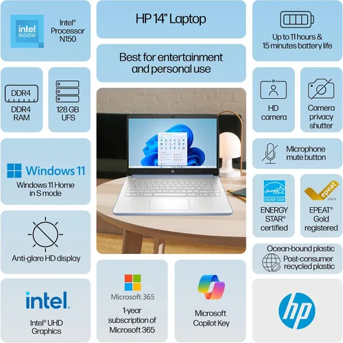 Miniatura 2 de HP Pavilion Laptop 2026 Notebook para estudiantes y trabajo remoto, Intel N150, 8 GB de RAM, 128 GB de almacenamiento, tarjeta SD de 256 GB, ligera