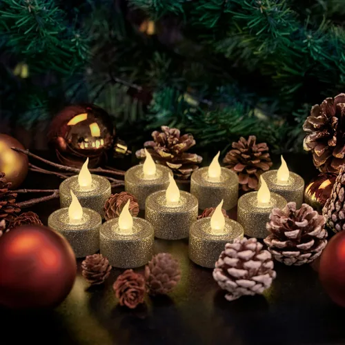 Miniatura 6 de FURORA LIGHTING Velas de Té LED con Purpurina Dorada Champaign, Paquete de 12, Velas de Té Parpadeantes Sin Llama para Decoración del Hogar, Oro