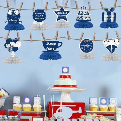 Miniatura 5 de 9 piezas de decoración de feliz jubilación, centros de mesa de nido de abeja, suministros de fiesta, azul y plateado, letrero de aventura