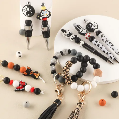 Miniatura 4 de Sunrony 70 cuentas de silicona para hacer collares, cuentas redondas de silicona a granel de 0.591 in para bolígrafos (negro)