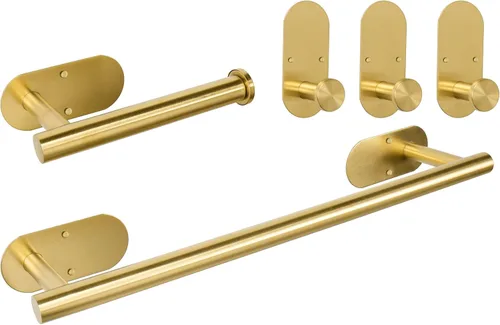 TocTen Juego de 5 toallas para montar en la pared o autoadhesivas, juego de accesorios de baño de acero inoxidable que incluye toallero de 16 Oro