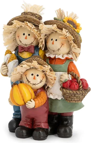 Miniatura 2 de Hodao Decoraciones de Acción de Gracias para mesa, figura familiar de espantapájaros de resina de otoño con cesta de calabaza, maíz y manzana
