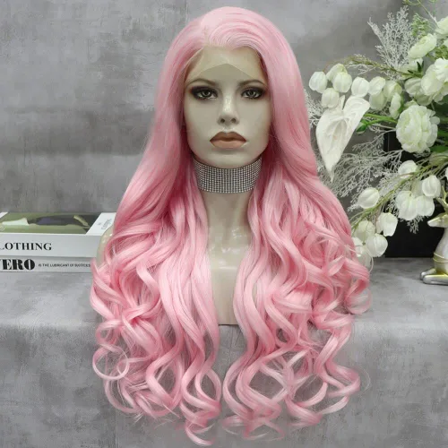 Miniatura 8 de IMSTYLE Peluca sintética larga y ondulada con encaje frontal rosa para mujer, línea capilar natural, para fiesta de cosplay, Halloween, resistente