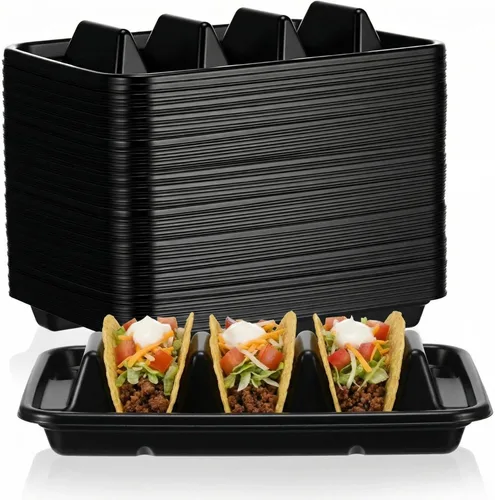 Miniatura 7 de Baderke 50 soportes desechables para tacos para fiestas, platos de tacos de plástico desechables con 3 divisores, bandeja de tacos de polipropileno
