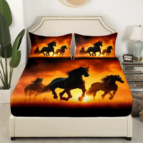 Miniatura 3 de Juego de ropa de cama de caballo negro, tamaño individual, sábana bajera ajustable de animales del oeste para niños, adultos, niños y hombres, juego