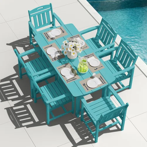 Miniatura 28 de Juego de comedor de patio al aire libre de HDPE con mesa y 6 sillas, juego de mesa y sillas de 7 piezas para todo clima, agujero para sombrilla de 2