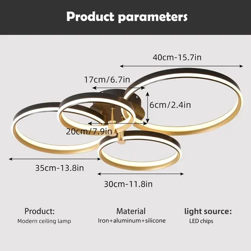 Miniatura 4 de Ganeed Lámpara de techo LED regulable, moderna lámpara de techo de 4 anillos con control remoto, 60 W, luces de techo doradas para sala de estar