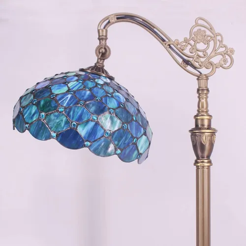 Miniatura 2 de Lámpara de Pie Tiffany de Vidrio Emplomado 18.88X12X67 Pulgadas Ángulo Ajustable Cuello de Ganso Arqueado Luz de Lectura Antigua (Perla Azul Marino)