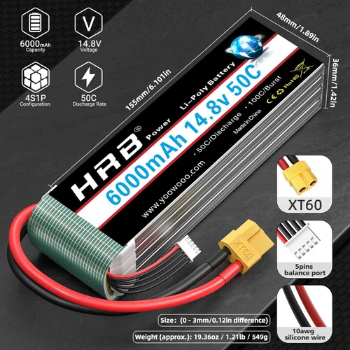 Miniatura 2 de HRB - Batería Lipo de 14.8 V 6000 mAh 4S 50C con enchufe XT60 compatible con avión RC, helicóptero RC, coche RC, camión RC, barco RC