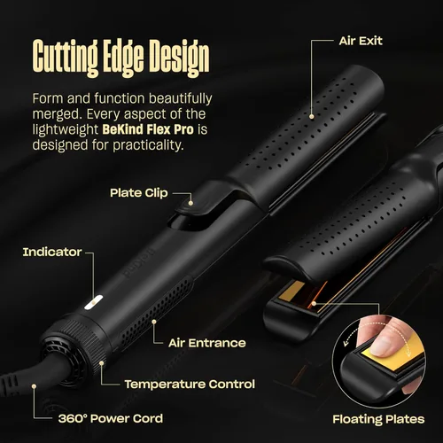Miniatura 7 de BeKind Flex - Alisador y rizador de pelo 2 en 1, plancha plana de 360° para todos los estilos, diseño de placas flotantes, temperatura más baja Negro