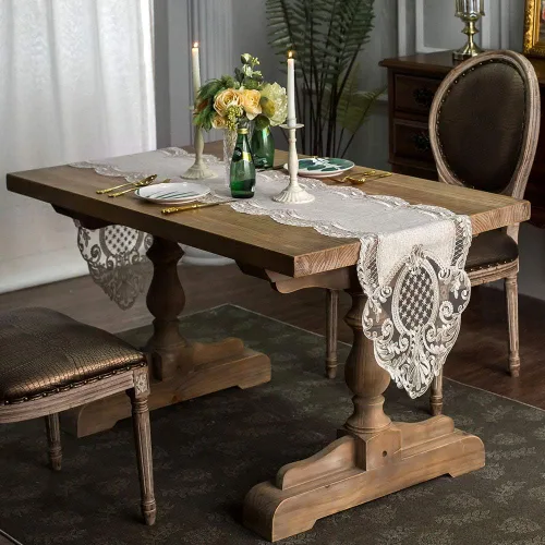 Miniatura 2 de ARTABLE Camino de mesa de encaje rectangular de tela de algodón y lino gris con exquisito bordado de macramé, camino para cómoda, caminos de mesa