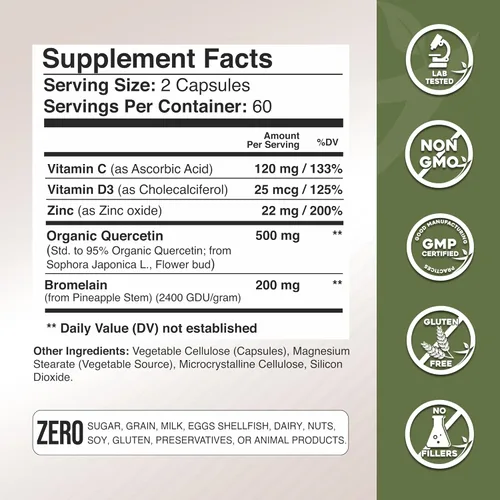Miniatura 4 de Gade Nutrition Quercetina orgánica con bromelina vitamina C y zinc Suplemento de apoyo inmunológico Quercetina 500mg Cápsulas Bioflavonoides