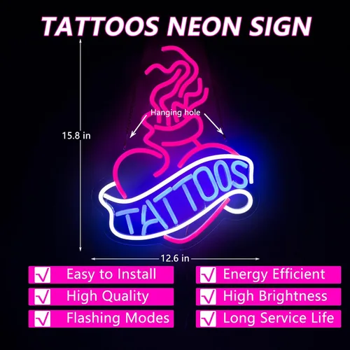 Miniatura 4 de Letrero de neón de tatuaje para decoración de pared, luces LED para sala de estudio, decoración de tatuajes, letreros de neón estéticos