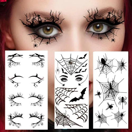 Pegatinas temporales de tatuaje de telaraña de Halloween, sombra de ojos, delineador de ojos, maquillaje de ojos para mujeres y niñas, fiesta de