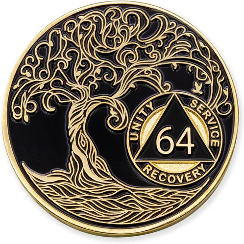 Miniatura 177 de 20 Year Sobriety Mint Twisted Tree of Life - Medallón de recuperación AA chapado en oro, fichas y fichas, color negro