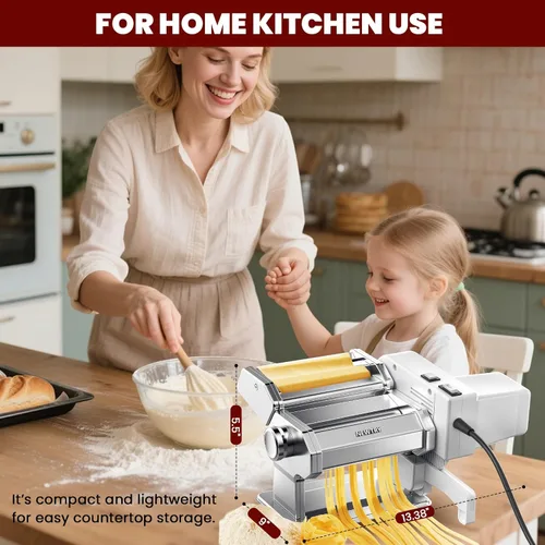 Miniatura 7 de NEWTRY Máquina eléctrica para hacer pasta, prensa de rodillo de masa para hacer fideos con motor desmontable 0.008-0.020 in Grosor de la hoja