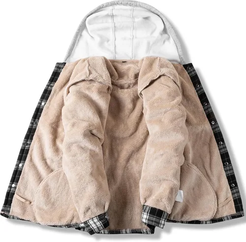 Miniatura 2 de IVUMA Camisas de algodón a cuadros de manga larga para hombre, chaqueta de franela con forro polar, camisas de franela Sherpa con botones y capucha