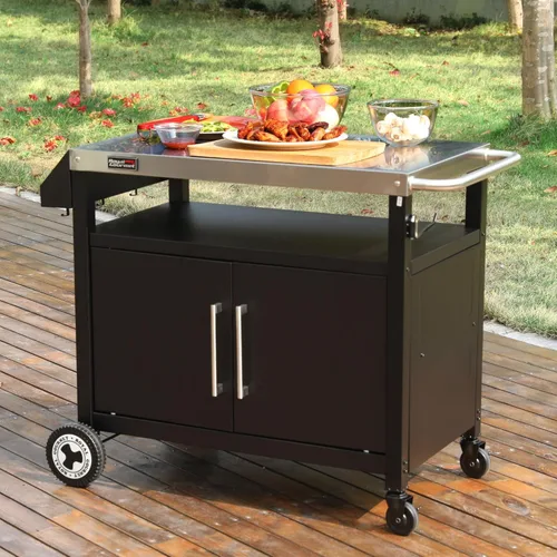 Miniatura 9 de Carro de parrilla al aire libre con ruedas, isla de cocina móvil con gabinete de almacenamiento para barbacoa, mesa de carrito de comedor de acero