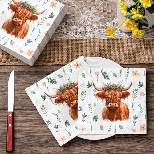 Miniatura 5 de Cholemy 100 servilletas de papel de vaca de las tierras altas de 2 capas de acuarela desechables de acuarela rústica occidental con estampado