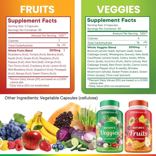 Miniatura 3 de Superfood 180 Cápsulas de Frutas y 180 Cápsulas de Verduras - Superalimentos Naturales de Alimentos Integrales - Mantiene los Niveles de Energía