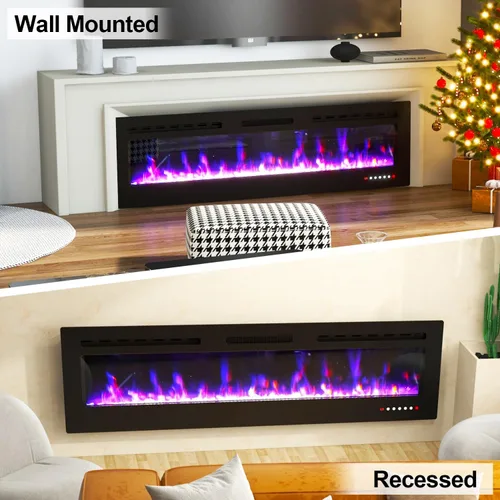 Miniatura 8 de Chimenea eléctrica de 60 pulgadas montada en la pared y empotrada con control remoto, inserciones de chimenea de pared ultrafinas de 750 W/1500 W