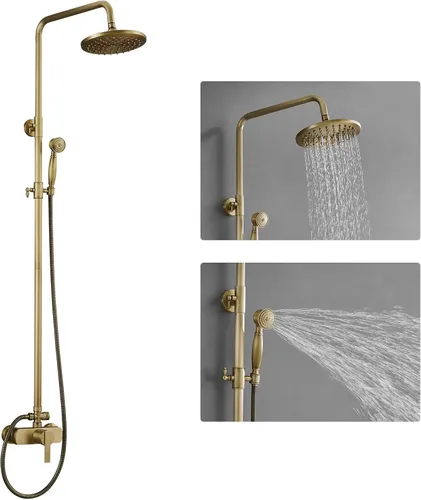 Miniatura 11 de Kit de ducha de latón antiguo para exteriores, ducha expuesta de 8 pulgadas, cabezal de ducha de lluvia de alta presión con rociador de mano