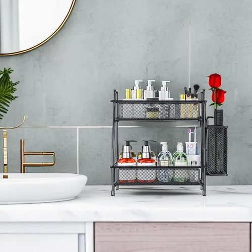 Miniatura 2 de Organizador de baño con canasta, bandeja de baño de 2 niveles para estante de almacenamiento de encimera, organizador de encimera de baño, Negro