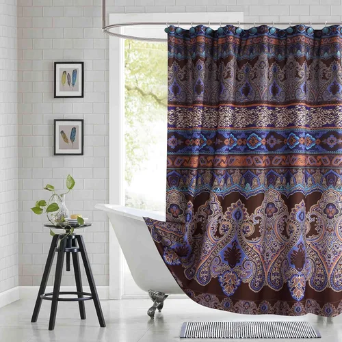 Miniatura 15 de Cortina de ducha larga de tela, cortinas de ducha de damasco bohemio con estampado de paisley en vino burdeos y oro amarillo, cortinas impermeables
