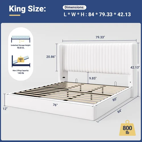 Miniatura 2 de Allewie Base de cama de almacenamiento elevable de tamaño matrimonial, sistema de soporte hidráulico, marco de cama de plataforma tapizada
