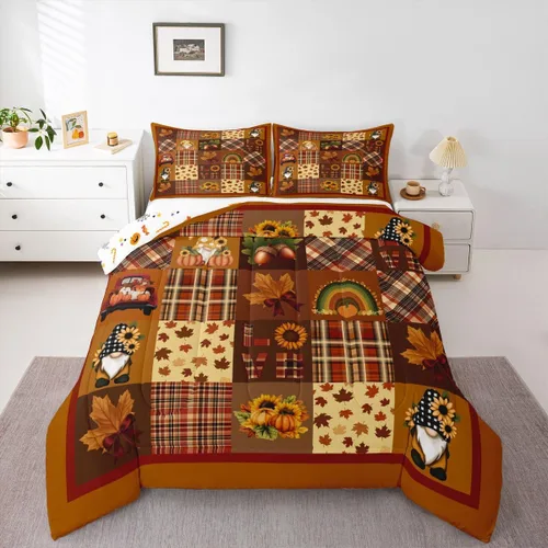 Miniatura 13 de Erosebridal Juego de edredón individual de pavo de Acción de Gracias, juego de ropa de cama de calabaza con hojas de otoño para niños y adultos
