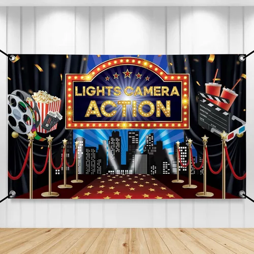 KatchOn, Fondo de acción con luces para cámara, grande, 72 x 44 pulgadas, decoraciones de fiesta temática de película, decoraciones de fiesta de