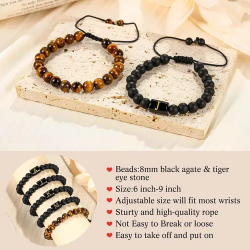 Miniatura 4 de MONOZO Regalos para el día del padre regalos para hombres y niños, 0.315 in, ojo de tigre y ágata negra, pulsera inicial con cuentas de piedra
