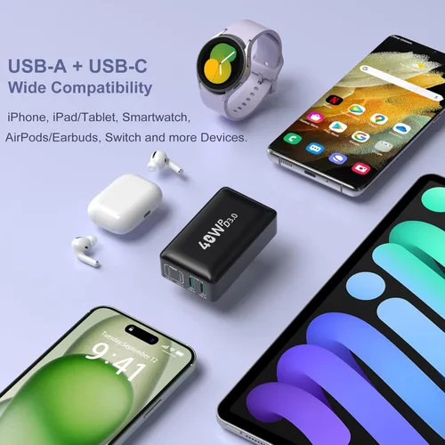 Miniatura 7 de OKRAY - Bloque de carga USB C plano de 40 W, 4 puertos tipo C, enchufe de pared plegable de ladrillo de carga rápida, PD3.0 y QC3.0, adaptador