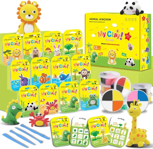 Arcilla seca al aire para niños, kits de arte de arcilla de aire, 12 cajas con temática de animales, kit de arcilla para modelar secado al aire con