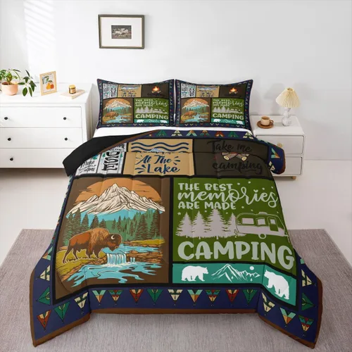 Miniatura 12 de Juego de ropa de cama de campamento para niños, tamaño individual, juego de edredón de gnomos kawaii para niños y niñas, edredón vintage de madera
