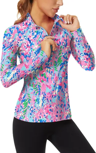 Miniatura 8 de WOWENY Camiseta deportiva de manga larga para mujer, con cremallera de un cuarto, cuello para entrenamiento, camiseta de tenis con estampado