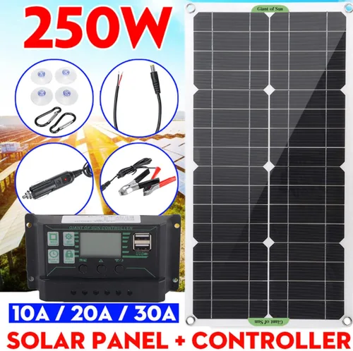 Miniatura 7 de Pilipane Cargador de batería solar de 250 W con controlador de carga de 10 A, kit de panel solar portátil, kit de panel solar monocristalino