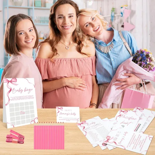 Miniatura 6 de Honoson 279 piezas de juegos de baby shower rosa con moño para 50 invitados, incluyen 8 juegos: Baby Shower Bingo, Price Is Right, Mommy or Daddy