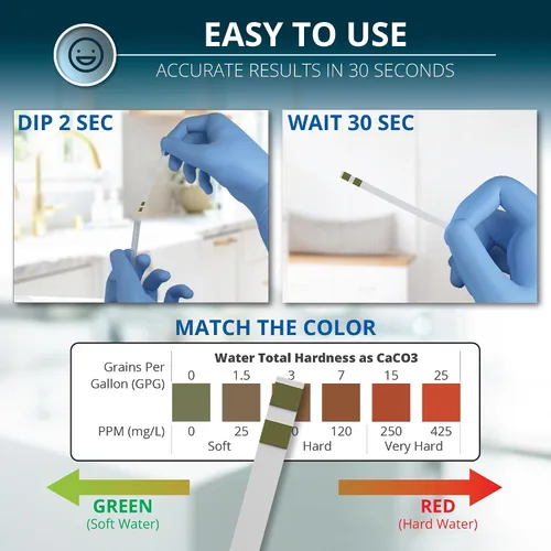 Miniatura 5 de Kit de prueba de dureza del agua WeAQUA - DoubleCheck 50 tiras - Kit de prueba de agua dura – Prueba calcio y magnesio (0–425 PPM) – para grifo