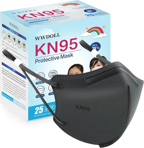 WWDOLL Mascarillas KN95 para niños, paquete de 25 unidades, mascarillas KN95 transpirables de 5 capas para niños, color gris