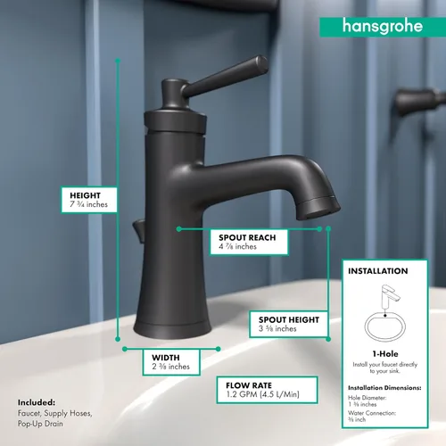 Miniatura 5 de hansgrohe 4771670 Joleena Grifo de un solo orificio de 1.2 GPM con drenaje emergente, 7.75 pulgadas de alto, negro mate Mate negro