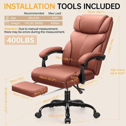 Miniatura 2 de HeroSet Silla de oficina grande y alta con reposapiés, silla ergonómica reclinable de cuero ejecutiva de 400 libras, soporte lumbar, sillas de Café