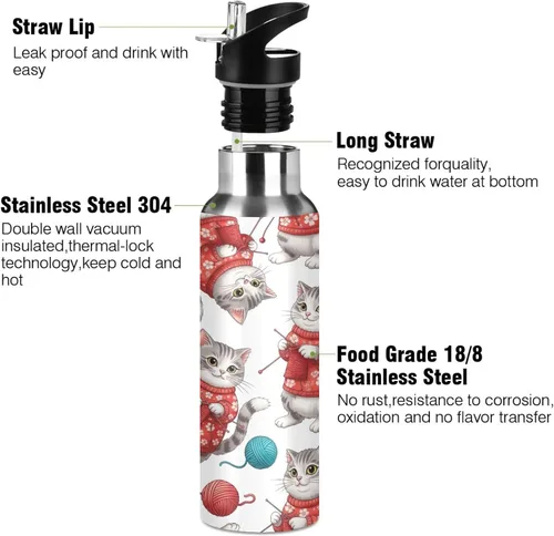 Miniatura 3 de Gray White Cats Red Floral Insulated Stainless Steel Water Bottle with Straw 20 Oz, BPA-Free Sports Water Bottle with Straw Leakproof Water Bottles