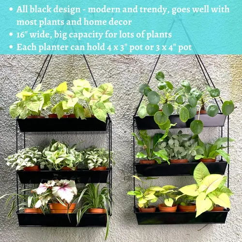 Miniatura 6 de LaLaGreen - Maceta escalonada de 16 pulgadas para plantas suculentas de interior, maceta rectangular moderna de metal negro de 3 niveles