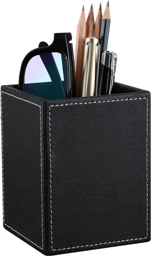 Miniatura 10 de KINGFOM Organizador de escritorio para suministros de oficina, caja de almacenamiento de piel sintética, 4 compartimentos divididos para bolígrafos