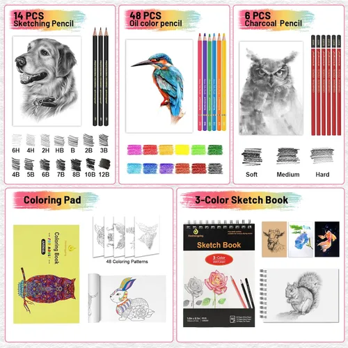 Miniatura 6 de Juego de 80 piezas de kit de dibujo, set de bocetos, suministros de arte, lápices de color, kit de 48 lápices de color, 14 de grafito, 6 de carbón