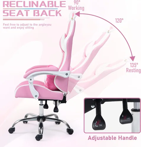 Miniatura 5 de Silla de juegos rosa con cojín lumbar de pata de gato y orejas de gato, sillas reclinables para computadora de juegos de PC, silla ergonómica