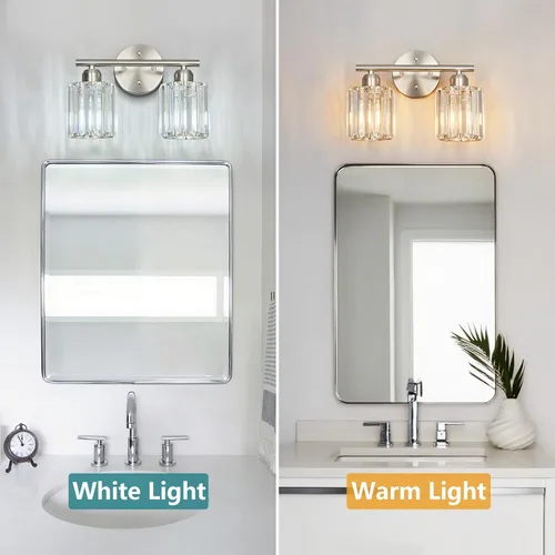 Miniatura 2 de Moderna lámpara de tocador de cristal de 2 luces, lámpara vertical de baño de níquel cepillado sobre espejo para tocador y lavabo, compatible